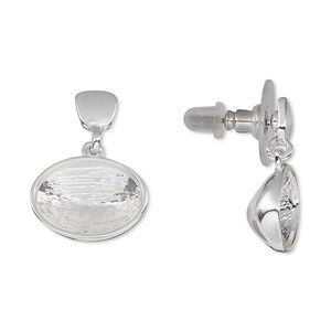 Earstud 1pkg2 Almost Instant Jewelry® silver-plated "pewter" (zinc-based alloy), 21mm / 14x10mm oval glue-in setting / comfort clutch, brass / steel 1 pair