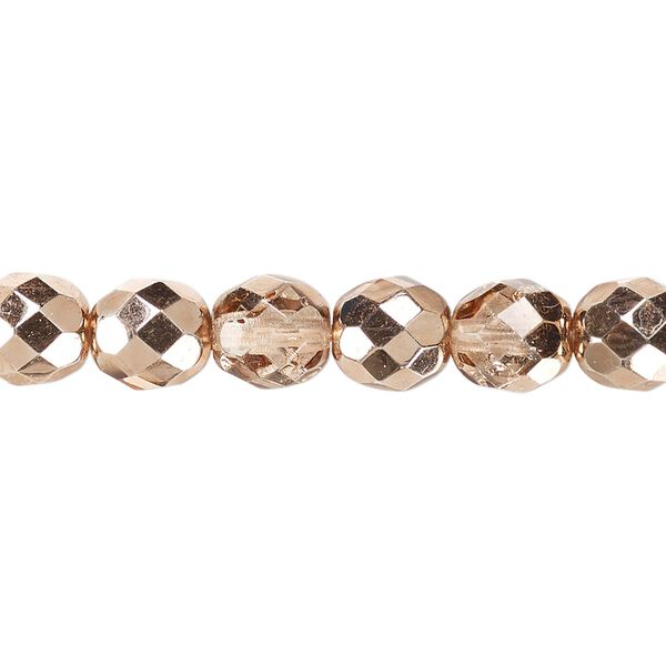 Bead, Czech fire-polished glass, clear with half-coat metallic apricot, 8mm faceted round. Sold per 15-1/2" to 16" strand. image number 0
