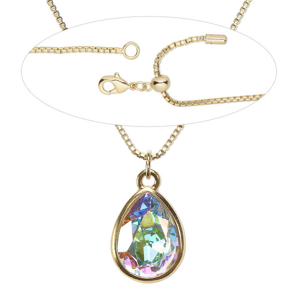 Necklace, Everyday Jewelry™,  brass / crystal / "pewter" (zinc alloy), pear-cut pendant on gold-plated adjustable chain with lobster claw clasp, 16-23.5. Sold individually. image number 0