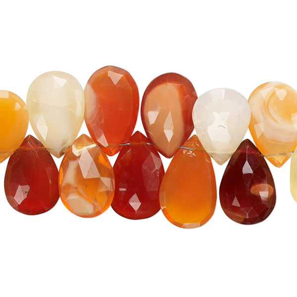 Bead, fire opal (natural), shaded, 9x6mm-12x8mm graduated hand-cut top-drilled faceted flat teardrop, B grade, Mohs hardness 5 to 6-1/2. Sold per 4-inch strand. approximately 20 beads. image number 0