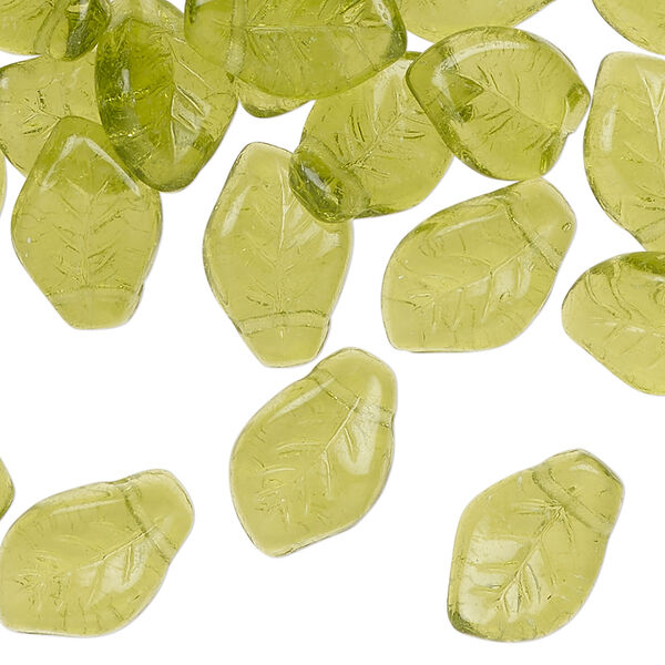 Bead 1pkg60, Czech pressed glass, olivine, 14x9mm top-drilled leaf. image number 0