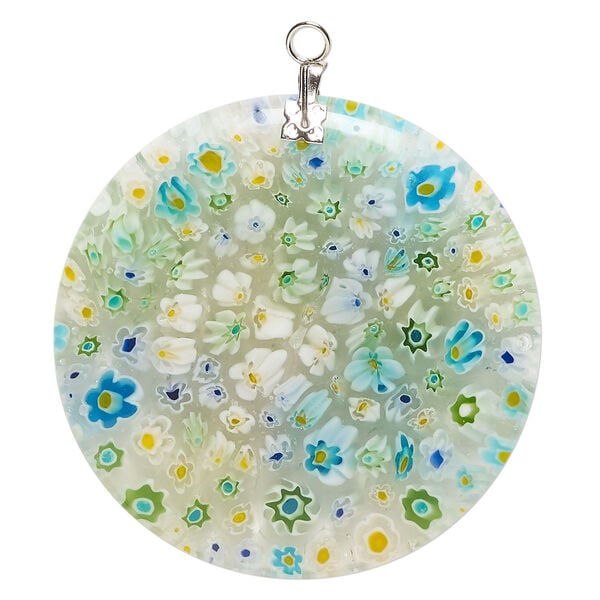 Focal, millefiori glass and silver-finished steel 1pkg1, clear and translucent multicolored, 44-45mm puffed flat round. image number 0