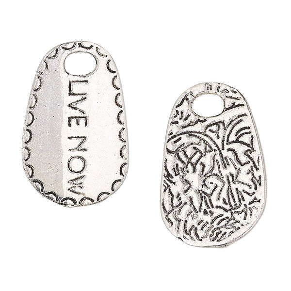 Drop, antique silver-finished "pewter" (zinc-based alloy), 26x16mm two-sided flat oval with "LIVE NOW" and abstract design. Sold per pkg of 2. image number 0