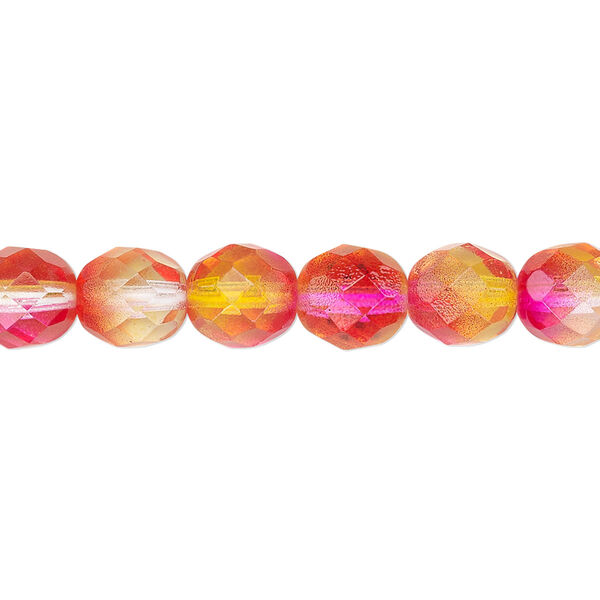 Bead, Czech fire-polished glass, orange and red, 8mm faceted round. Sold per 15-1/2" to 16" strand, approximately 50 beads. image number 0
