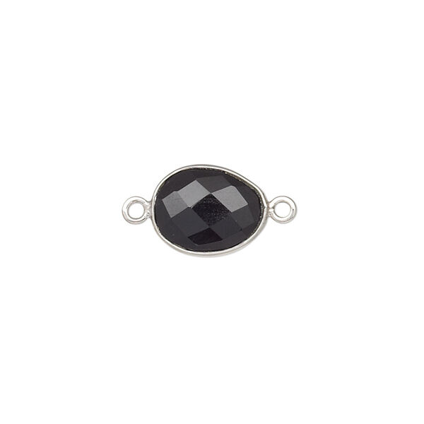 Link, black onyx (dyed) and sterling silver, 9x7mm-12x10mm oval with 8x6mm-11x9mm hand-cut double-sided faceted flat freeform oval. Sold individually. image number 0