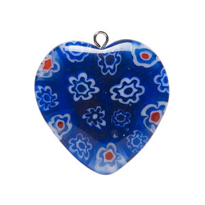 Focal, millefiori glass and silver-finished steel 1pkg1, translucent cobalt blue / red / white, 29x28mm-31x30mm puffed heart.