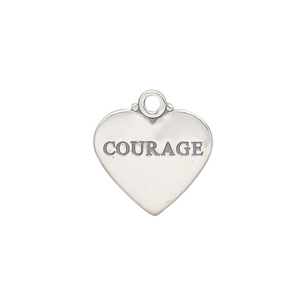 Charm, antiqued sterling silver, 17x15mm double-sided heart with "COURAGE." Sold individually. image number 0