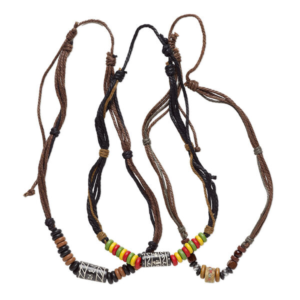 Necklace mix, cotton / bone / wood (dyed), multicolored, 8x3mm-25x14mm multi-shape, adjustable from 18-28 inches with macramé knot. Sold per pkg of 3. image number 0