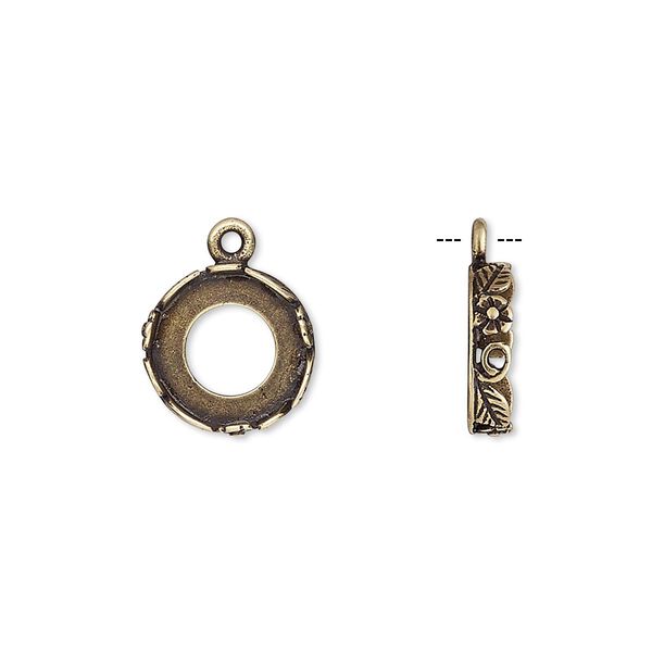 Drop, JBB Findings, antiqued brass, 12mm round with open back and flower and leaf design trim, 10mm round bezel setting. Sold per pkg of 2. image number 0
