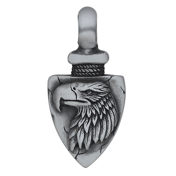 Pendant, Almost Jewelry™, antiqued "pewter" (zinc-based alloy), 42x22mm single-sided arrowhead with eagle head design. Sold individually. image number 0
