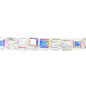 Bead 1pk 18 facets translucent clear AB, Celestial Crystal® 6mm cube 15.5-16 inch