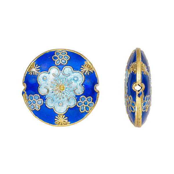 Bead, cloisonné, enamel and gold-finished copper, blue, 20mm double-sided puffed flat round. Sold per pkg of 4. image number 0