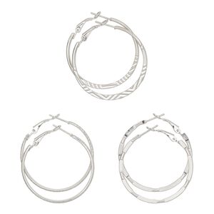 Earring, Everyday Jewelry, nickel-finished steel, 40mm hoop with textured and diamond-cut designs, latch-back closure. Sold per pkg of 3 pairs.