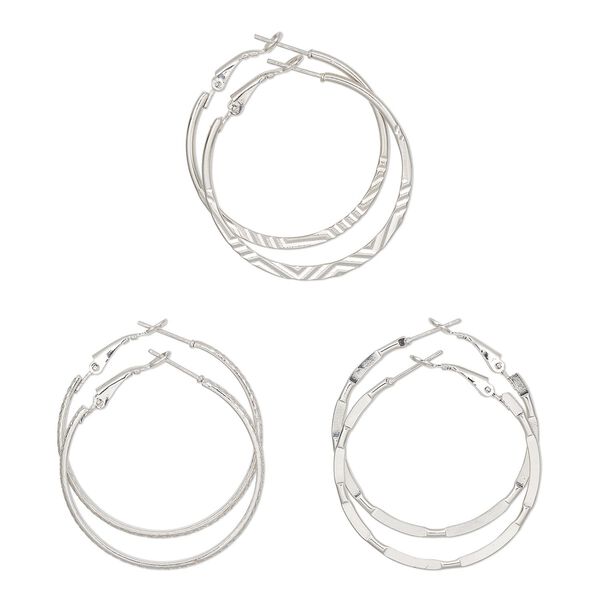 Earring, Everyday Jewelry, nickel-finished steel, 40mm hoop with textured and diamond-cut designs, latch-back closure. Sold per pkg of 3 pairs. image number 0