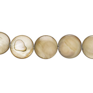 Mother-of-pearl shell 1pkg1, puffed flat round bead 15 inch brown 11-12mm