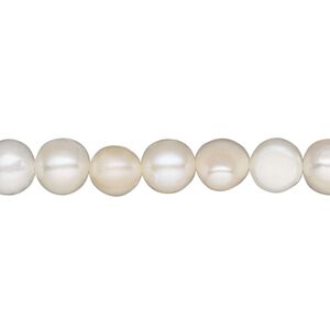 Pearl, cultured freshwater (bleached), white, 6-9mm semi-round, C grade, Mohs hardness 2-1/2 to 4. Sold per 15-1/2" to 16" strand.