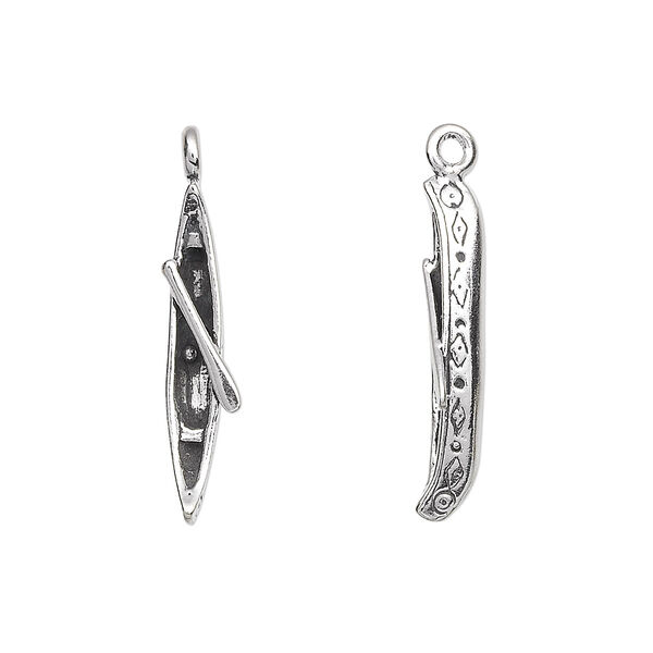Charm, antiqued sterling silver, 22x6mm 3D canoe with paddle. Sold individually. image number 0