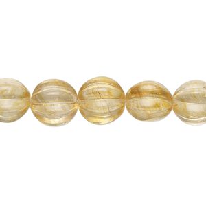 Bead, Czech pressed glass, translucent light tan, 10mm corrugated round. Sold per 7-inch strand, approximately 15 beads.