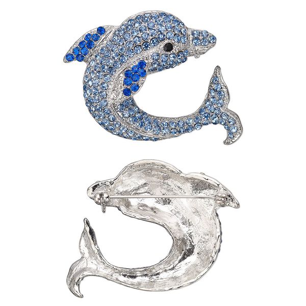 Brooch, glass rhinestone and imitation rhodium-plated "pewter" (zinc-based alloy), blue / light blue / black, 43x42mm dolphin. Sold individually. image number 0