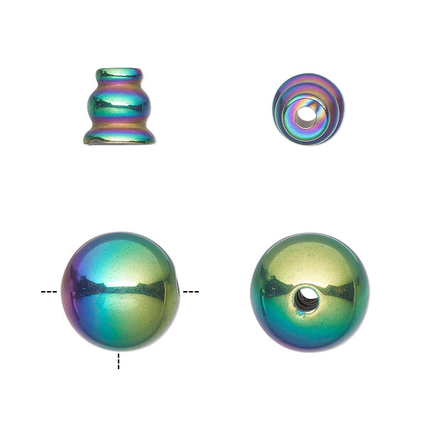 Bead, electroplated Hemalyke™ (man-made), rainbow, 12mm T-drilled round and 8x7.5mm cone. Sold per pkg of 2. image number 0