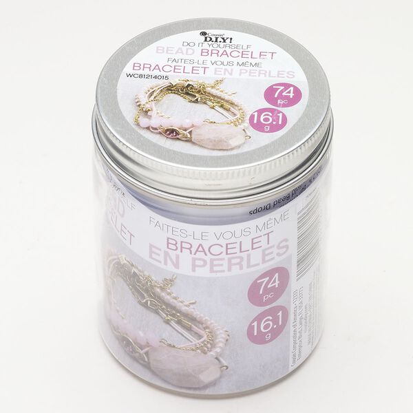 Bracelet kit 1pkg74 gold-finished "pewter" (zinc-based alloy) / steel / brass / glass / nylon, white and pink, mixed sizes and shapes. image number 0