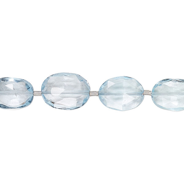 Bead, sky blue topaz (irradiated), 9x7mm-10x8mm graduated hand-cut faceted puffed oval, B grade, Mohs hardness 8. Sold per pkg of 10 beads. image number 0