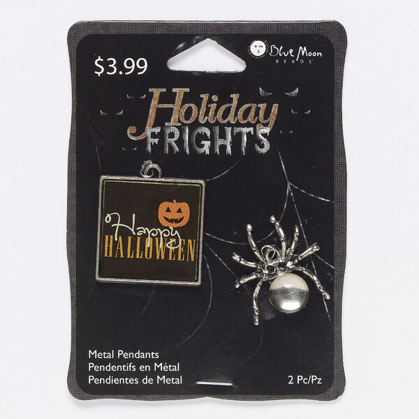 Charm and drop mix, acrylic / resin / antique silver-finished "pewter" (zinc-based alloy), multicolored, 25x23mm spider and 27mm square with "Happy HALLOWEEN" and pumpkin. Sold per pkg of 2. image number 0