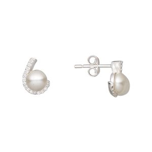 Earstud, Create Compliments®, cultured freshwater pearl (dyed) / cubic zirconia / rhodium-plated sterling silver, silver and clear, 11x8mm. Sold per pair.