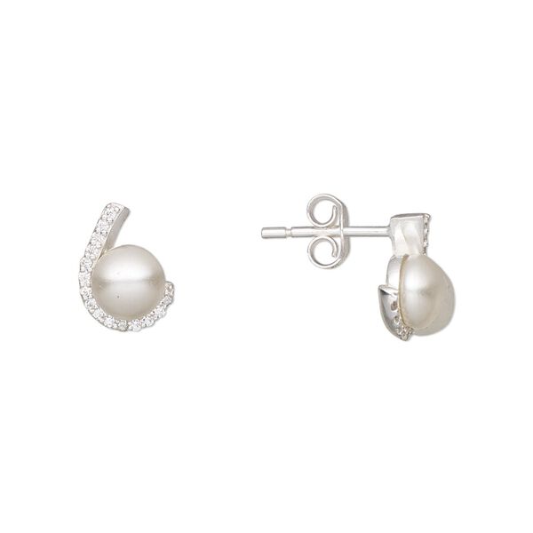 Earstud, Create Compliments®, cultured freshwater pearl (dyed) / cubic zirconia / rhodium-plated sterling silver, silver and clear, 11x8mm. Sold per pair. image number 0