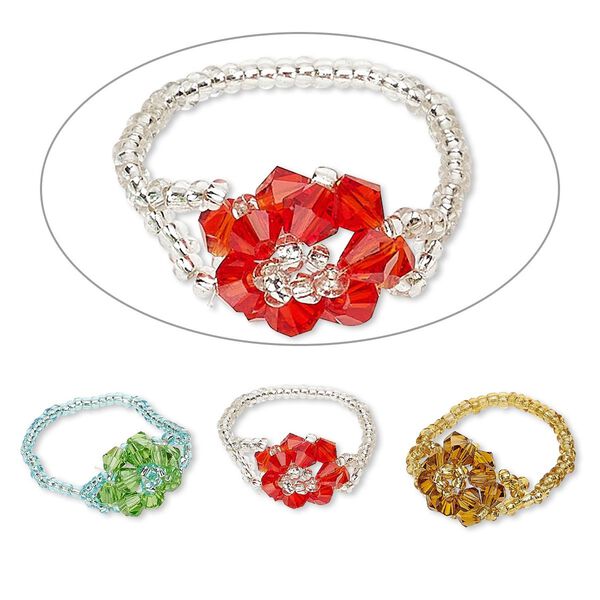 Ring, stretch, glass, assorted colors, 14x13mm flower, size 8-10. Sold per pkg of 3. image number 0