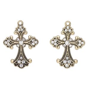 Focal, antique gold-finished "pewter" (zinc-based alloy) and glass, clear, 30x24mm fancy cross. Sold per pkg of 2.