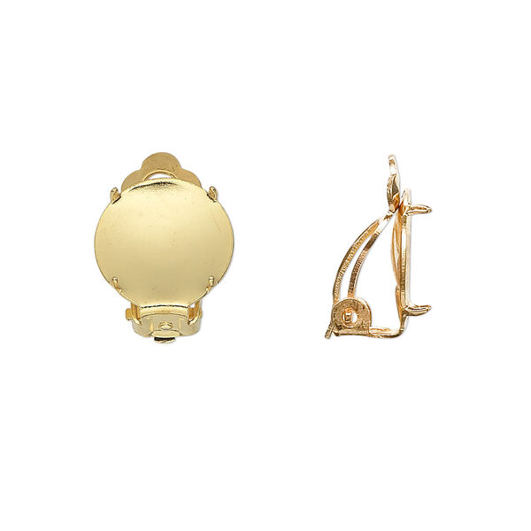Earring, clip-on, gold-plated brass and steel, 13mm round flat pad with 12mm 4-prong round setting. Sold per pkg of 10 pairs. image number 0