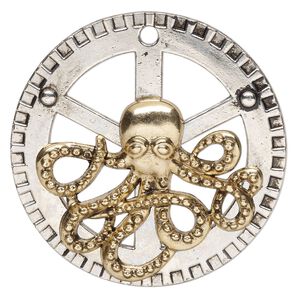 Focal, antique silver- and gold-finished "pewter" (zinc-based alloy), 2-inch single-sided round gear with octopus. Sold individually.