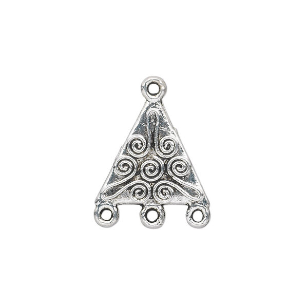 Drop, antique silver-plated "pewter" (zinc-based alloy), 17x17x15mm double-sided triangle with spiral design and 3 loops. Sold per pkg of 20. image number 0