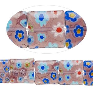 Bead, millefiori glass, translucent purple and multicolored, 12mm puffed square with flower design. Sold per 14-inch strand.