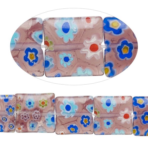 Bead, millefiori glass, translucent purple and multicolored, 12mm puffed square with flower design. Sold per 14-inch strand. image number 0