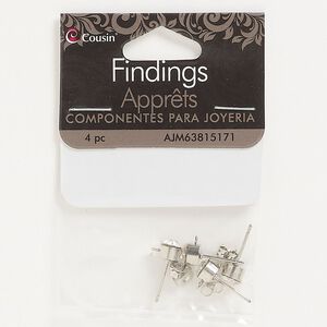 Earstud 1pkg4 "pewter" (zinc-based alloy), 5mm round / closed loop / earnuts, silver-finished / glass clear 2 pair