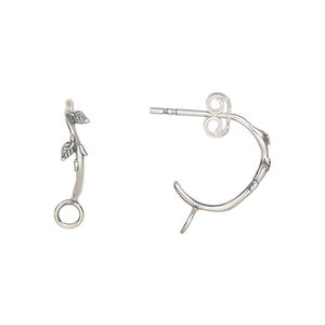 Earring hoop 1pkg2 sterling silver, 12mm 0.75 leaves / closed loop / earnuts, antiqued 1 pair