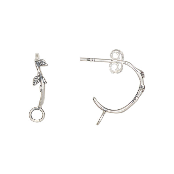 Earring hoop 1pkg2 sterling silver, 12mm 0.75 leaves / closed loop / earnuts, antiqued 1 pair image number 0
