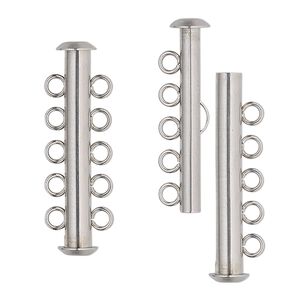 Clasp slide lock 1pkg4, 31x6mm tube, stainless steel 5-strand
