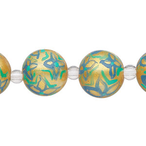 Bead, glass 1pkg8, multicolored, 14mm round with hand-painted flower.