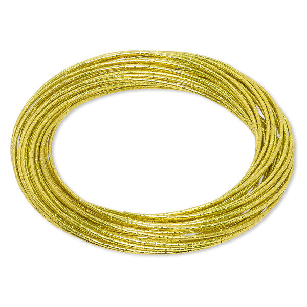 Bracelet, bangle, enameled steel, fluorescent yellow, (26-30) 1mm wide interlocking textured bands, 8 inches. Sold individually. image number 0