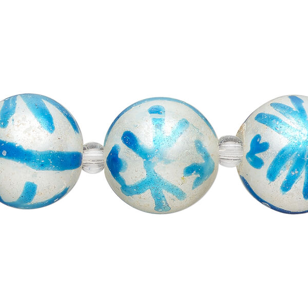 Bead, glass 1pkg8, opaque white and turquoise blue, 16mm hand-painted round. image number 0