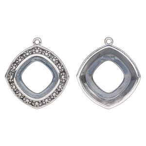 Drop, Almost Instant Jewelry®, antiqued sterling silver, 20.5mm rounded diamond with 12mm cushion setting and flower design with open back. Sold individually.