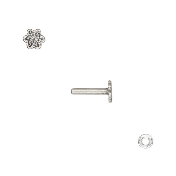 Washer and brad, antique silver-plated brass, 4x0.7mm and 11x6mm with 6x5.5mm fancy flower and 1.5mm post diameter. Sold per pkg of (2) 2-piece sets. image number 0