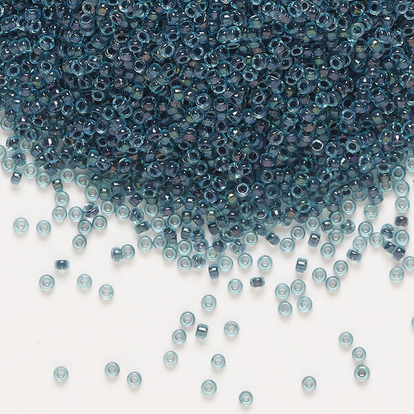 Seed bead, Miyuki, glass, pkg/35g, #15 rocaille, translucent midnight blue-lined luster aqua (RR-347). image number 0