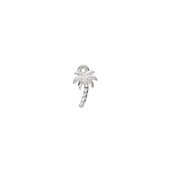 Charm, sterling silver and cubic zirconia, clear, 9x6mm single-sided palm tree, Sold Individually. image number 0