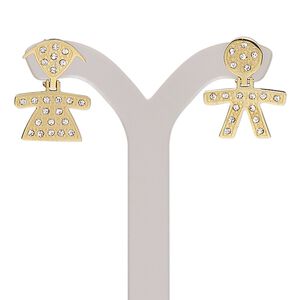 Earring, glass rhinestone and gold-finished stainless steel, clear, 20mm with boy and girl with post. Sold per pair.