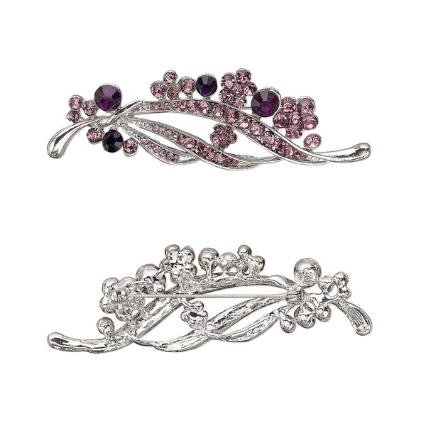 Brooch, glass rhinestone and imitation rhodium-plated "pewter" (zinc-based alloy), dark purple and light purple, 3x1-inch flower. Sold individually. image number 0