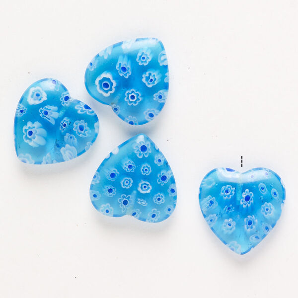 Bead, millefiori glass, pkg/4, translucent sky blue/cobalt blue/white, 18-20mm half-drilled puffed heart. image number 0